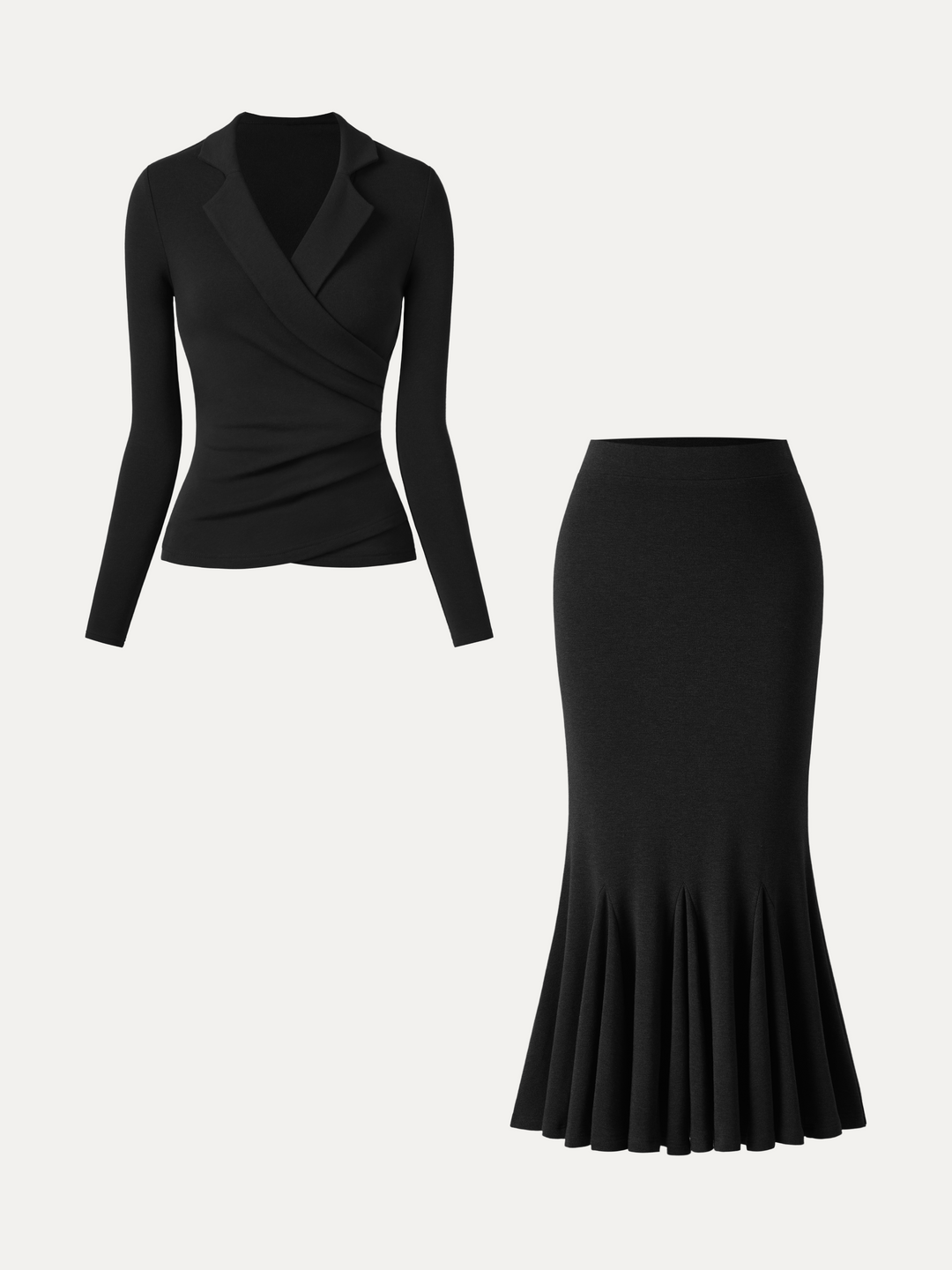 2Pcs Set ProWarm Collared Surplice Top & High-Rise Mermaid Midi Skirt