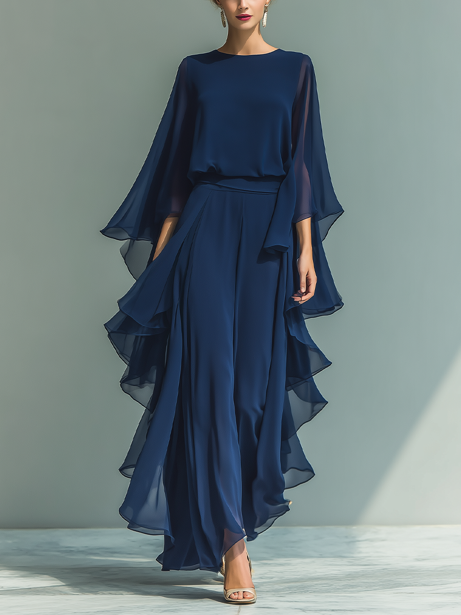 Navy Chiffon Flared Pants Set — front view