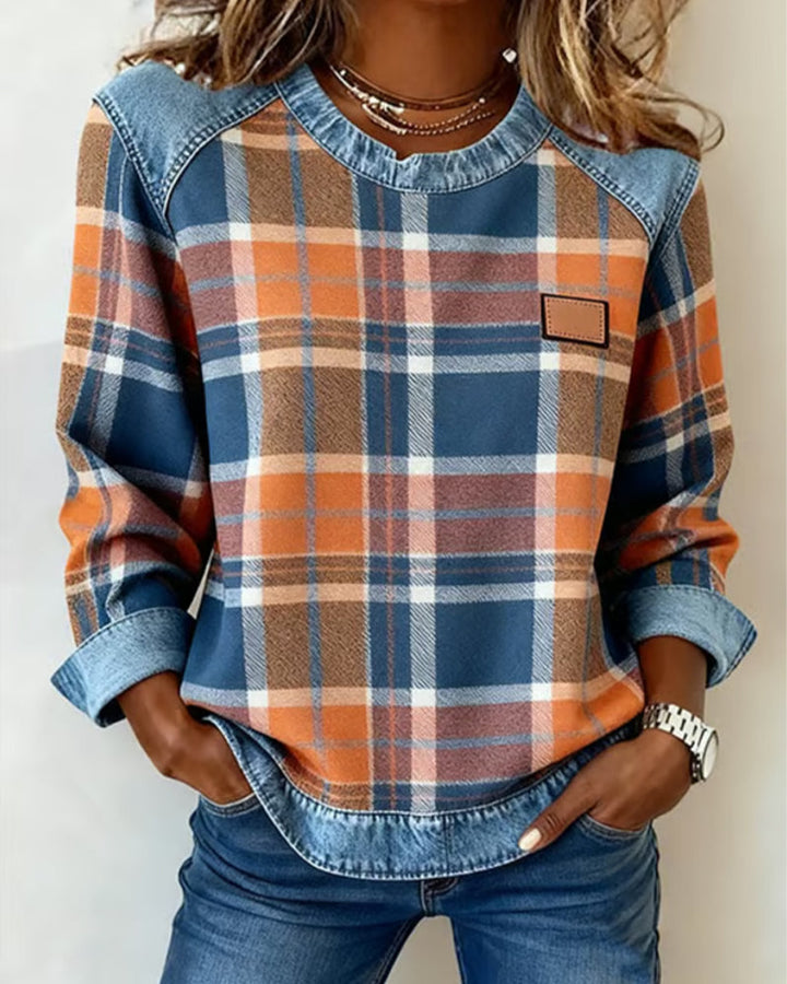 Célia | Women's Plaid Patchwork Denim Trim Sweatshirt