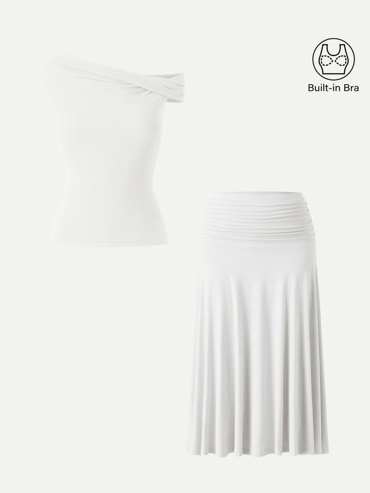 2Pcs Set Multi-wear Built-In Bra Top 2.0 & Side Ruched A-line Midi Skirt