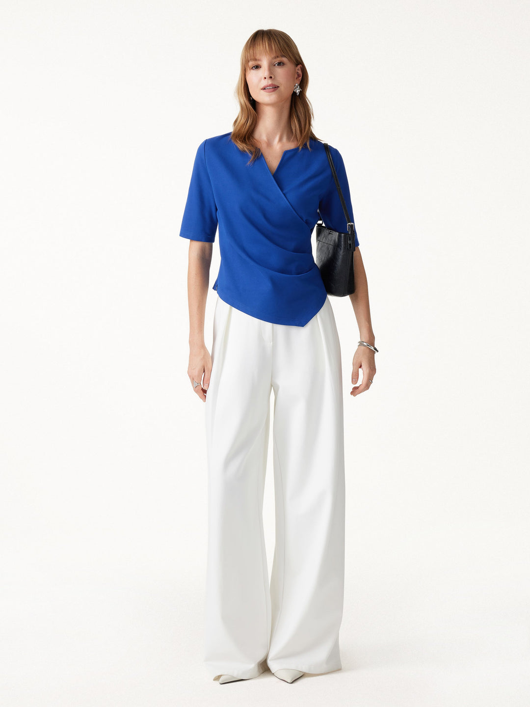 Ponte Surplice Elbow Sleeve Asymmetrical Hem Top