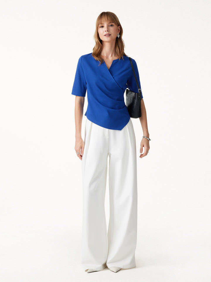 Ponte Surplice Elbow Sleeve Asymmetrical Hem Top