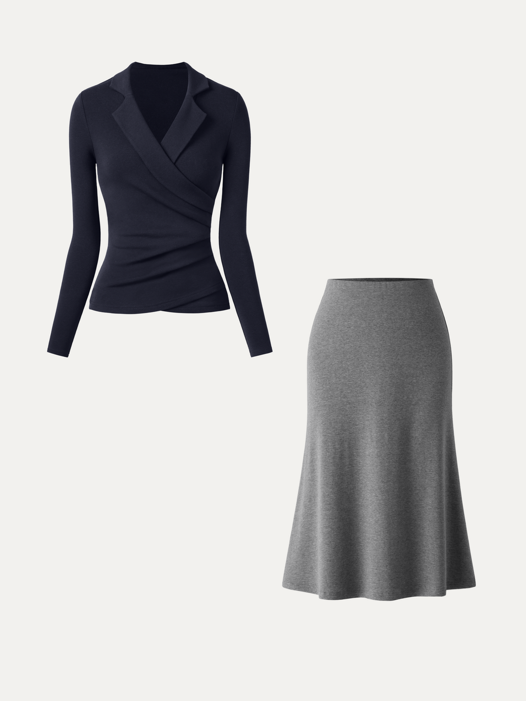 2Pcs Set ProWarm Collared Surplice Top & Soft Thermal Pull-On Midi Skirt