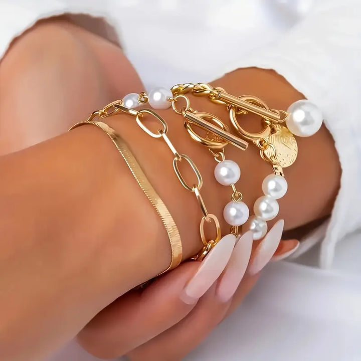 Luxe pearl bracelet set displayed coiled on a jewellery tray