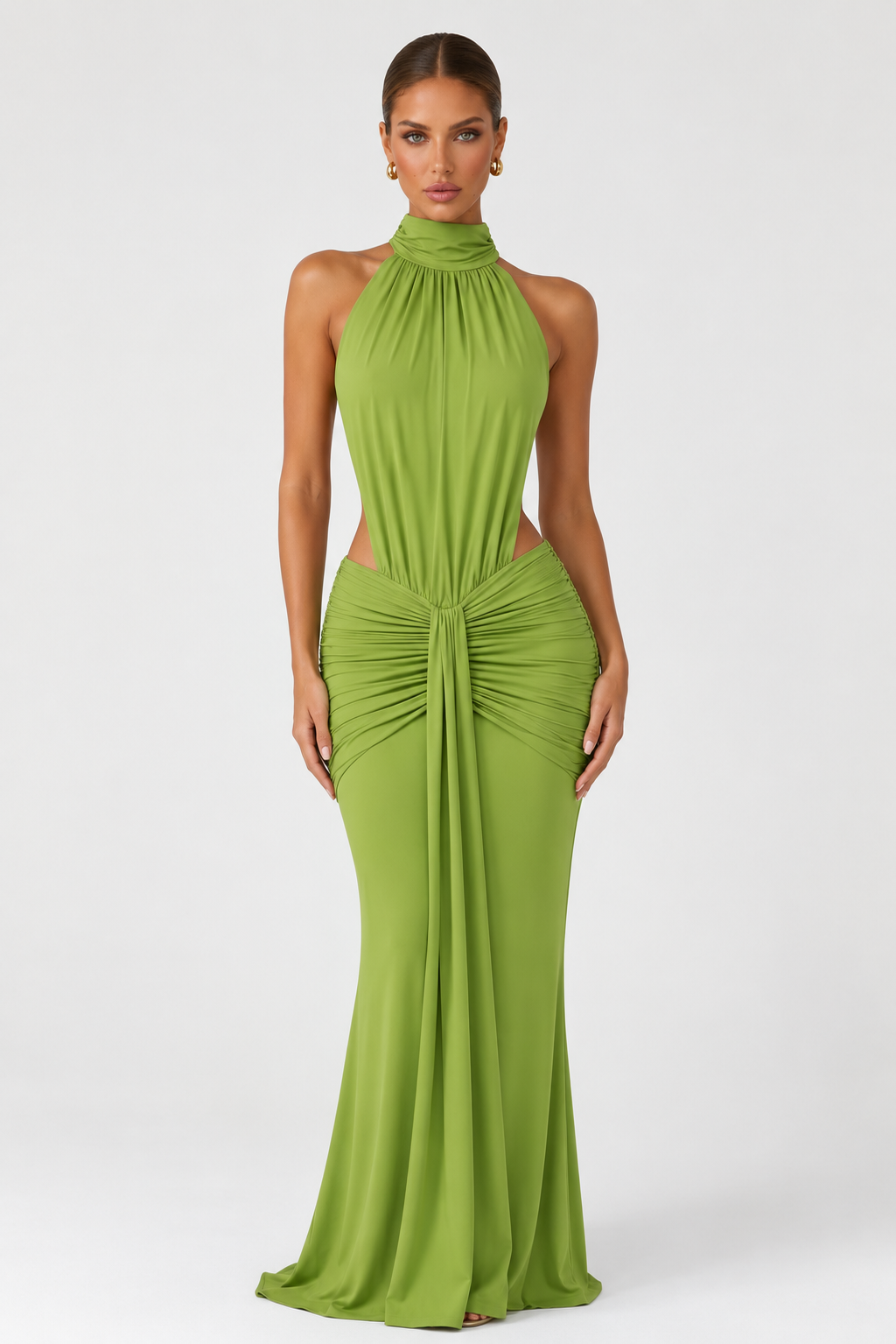 Scarlet Muse Gown - women's gown, model wearing it, three-quarter view