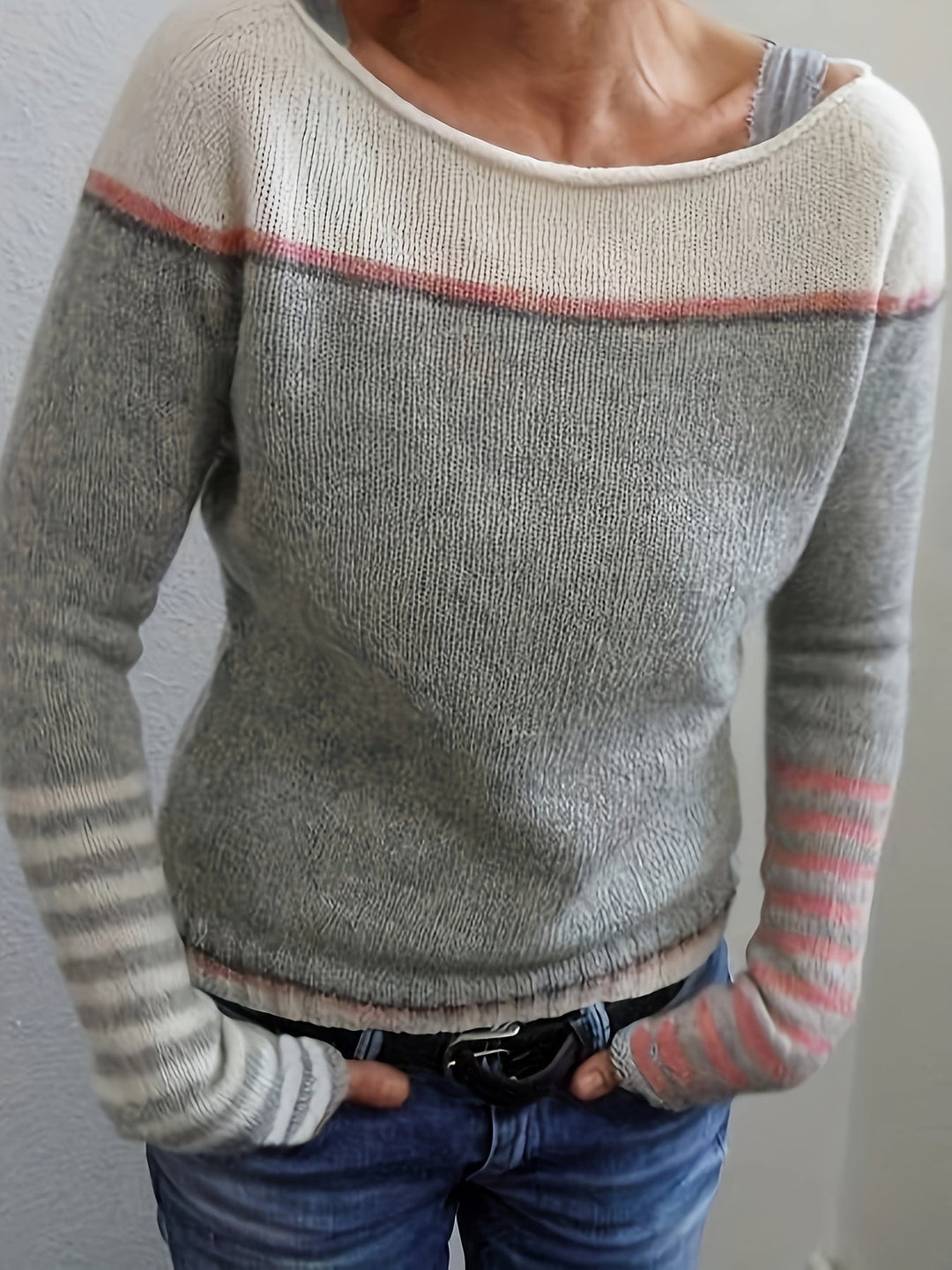 Isolde | Women's Colorblock Boat Neck Sweater with Striped Cuffs