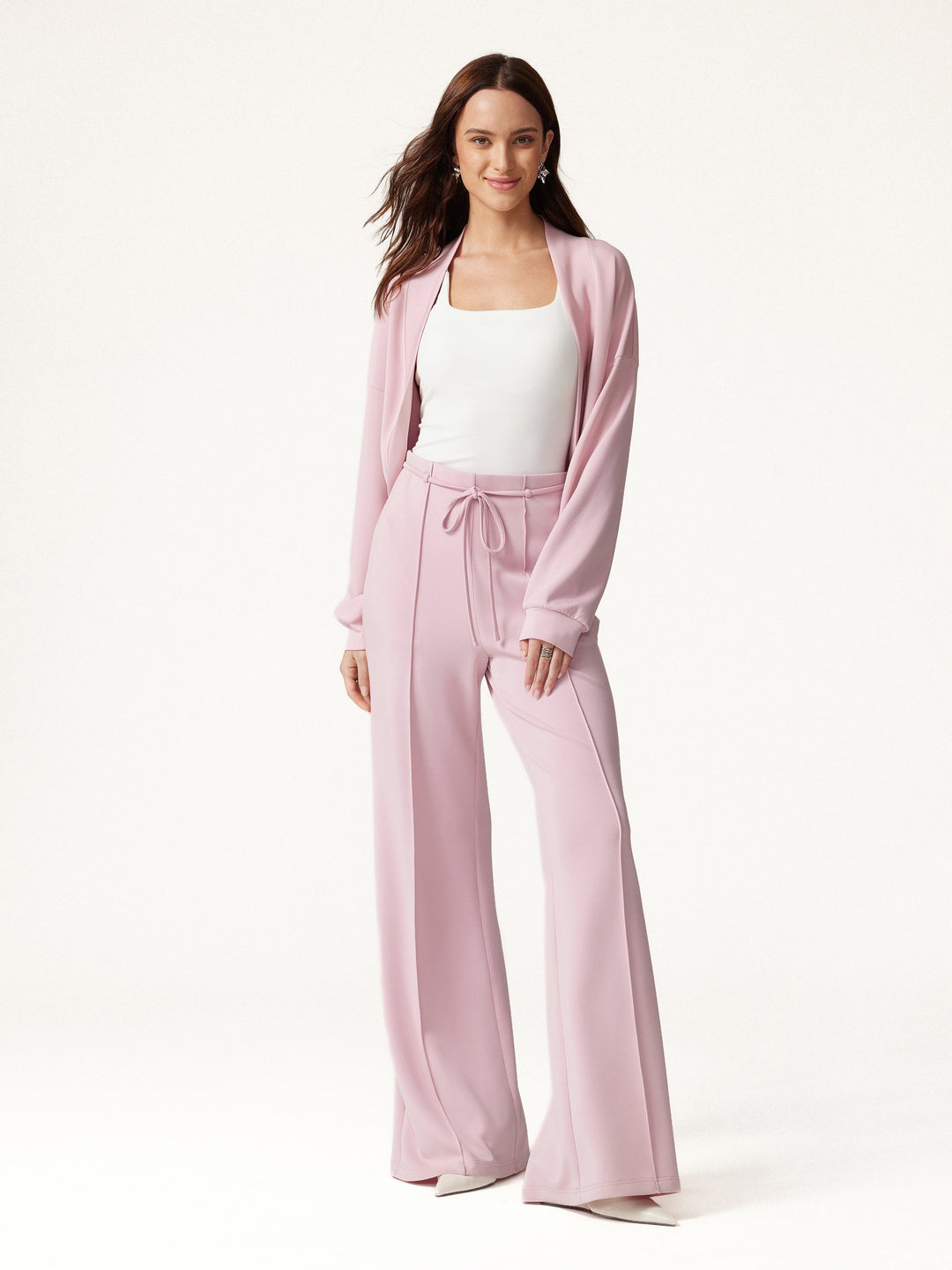 2Pcs Set Long Sleeve Drop-Shoulder Cardigan & High-Rise Flare Pants with Pockets — women's women > bundles&sets > bundles, front view