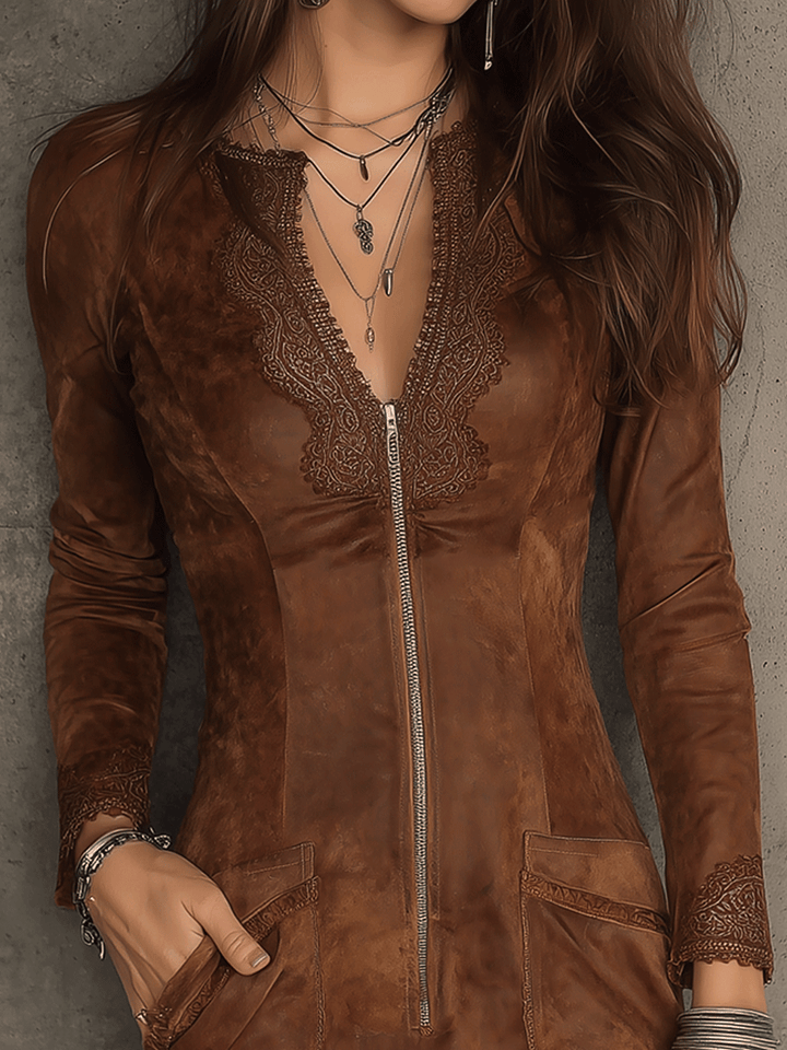 Vintage Caramel Brown Lace Trim And Zip Front Suede Mini Dress | Harry & Kate London