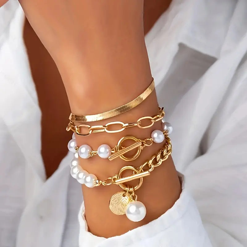 Luxe layered pearl bracelet set laid flat showing all strands