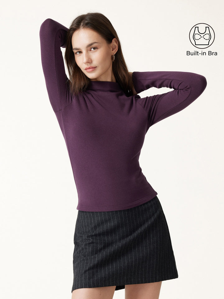2Pcs Set ProWarm Mock Neck Built-In Bra Top 3.0 & Mid-Rise Ruched Flared Midi Skirt