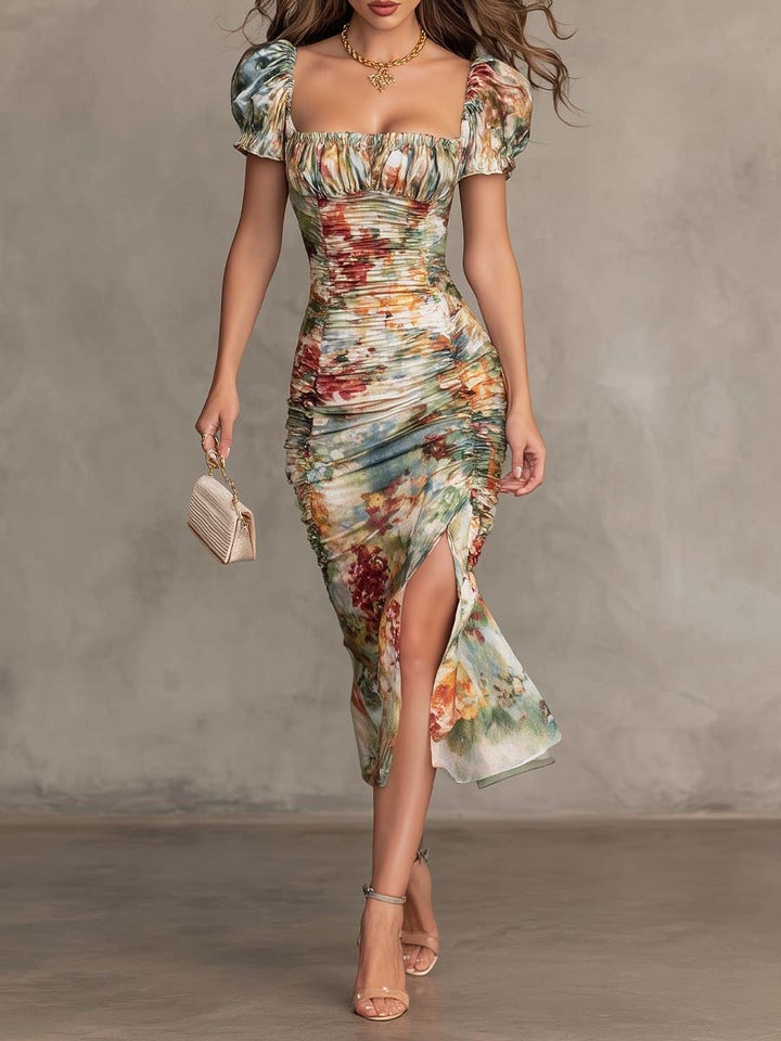 Retro And Elegant Floral Ruched Square-Neck Midi Dress