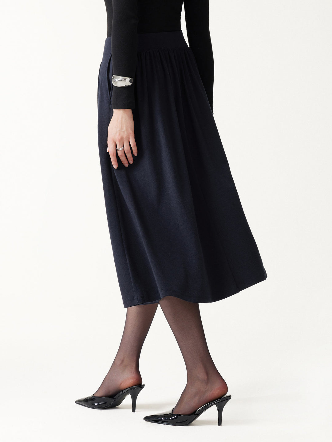2Pcs Set LiteWarm Boatneck Long Sleeve Tucked Top & High-Rise A-Line Midi Skirt with Pockets