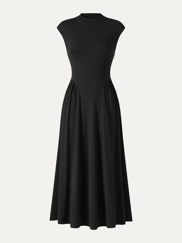 Ponte Mock Neck Ruched A-Line Midi Dress with Pockets