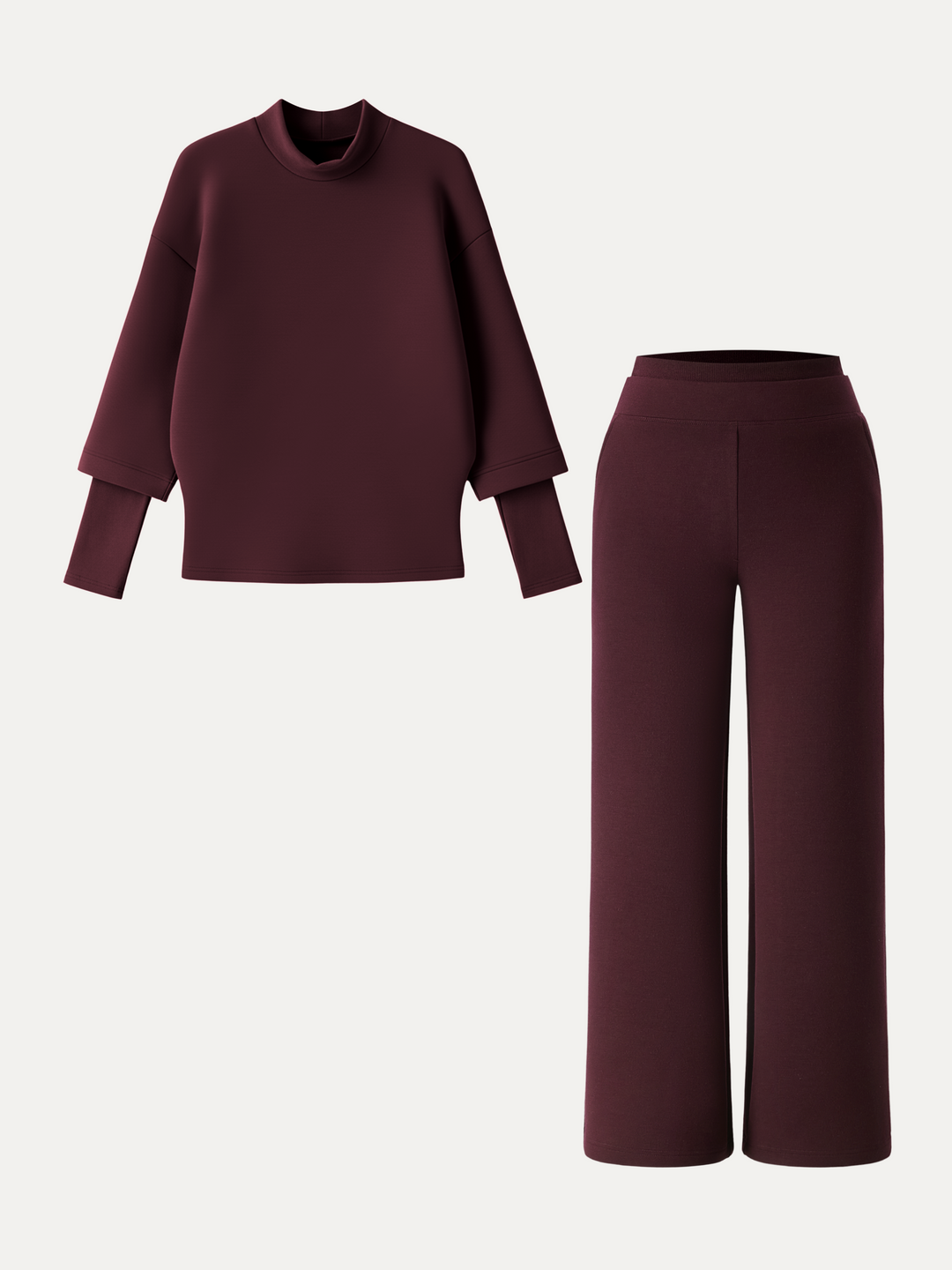 2Pcs Set Mockneck Sleeve-Warmer Top & Straight Leg Pants with Pockets