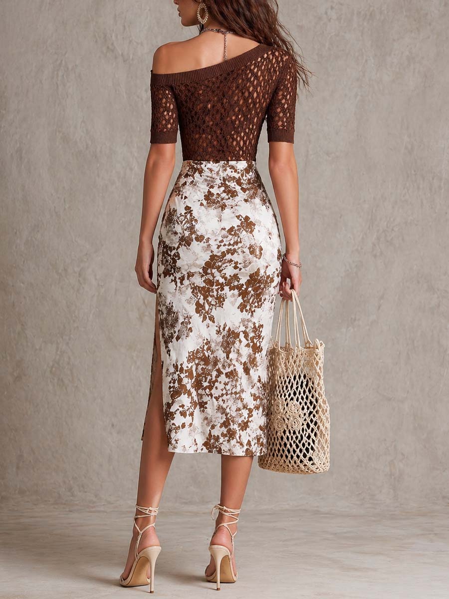 Brown Crochet Off-Shoulder Top And Vintage Floral Midi Skirt Two-Piece Set | Harry & Kate London