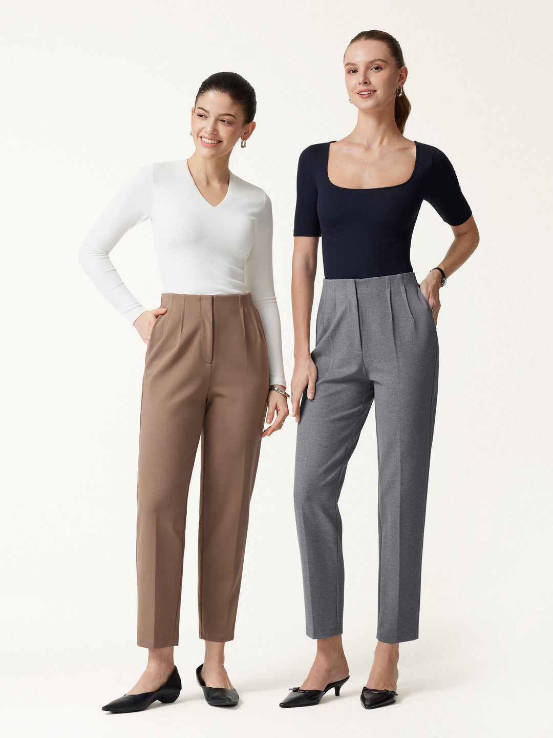 Ponte Mid-Rise Ankled Tapered Tuck Pants with Pockets