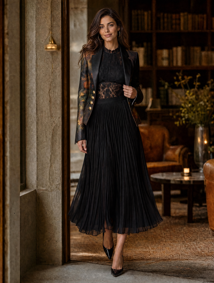 Retro Stand-Collar Cutout Lace Top & Chiffon Pleated Skirt Set