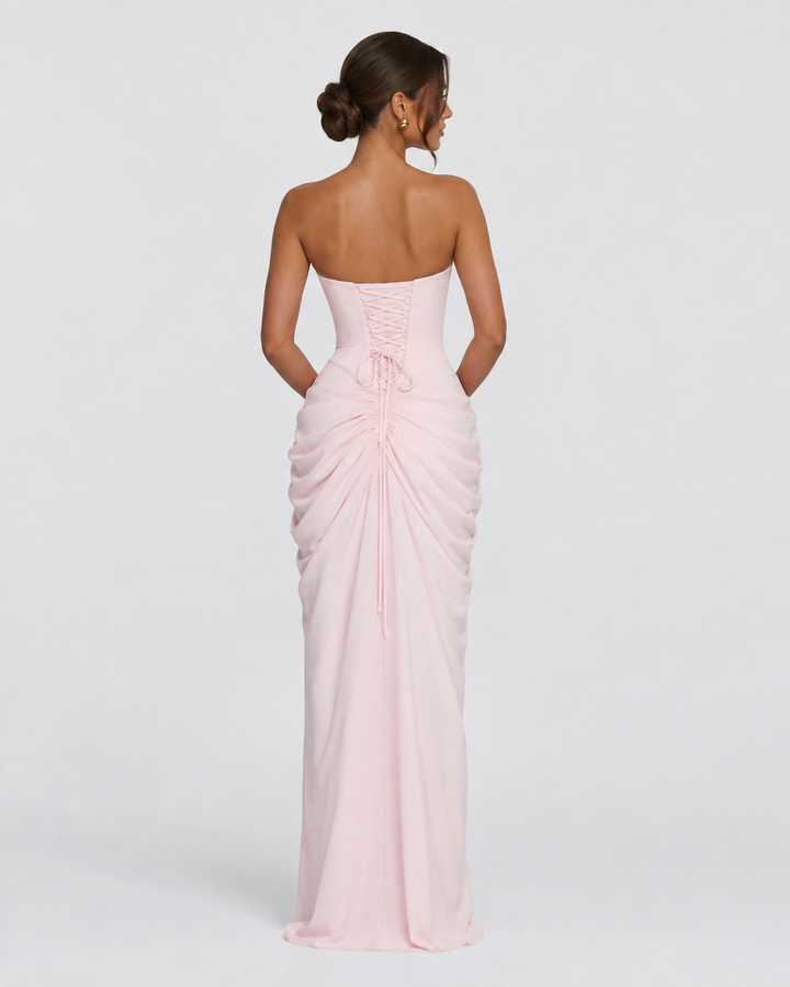 Main Character Drape Gown - women's gown, model wearing it, three-quarter view