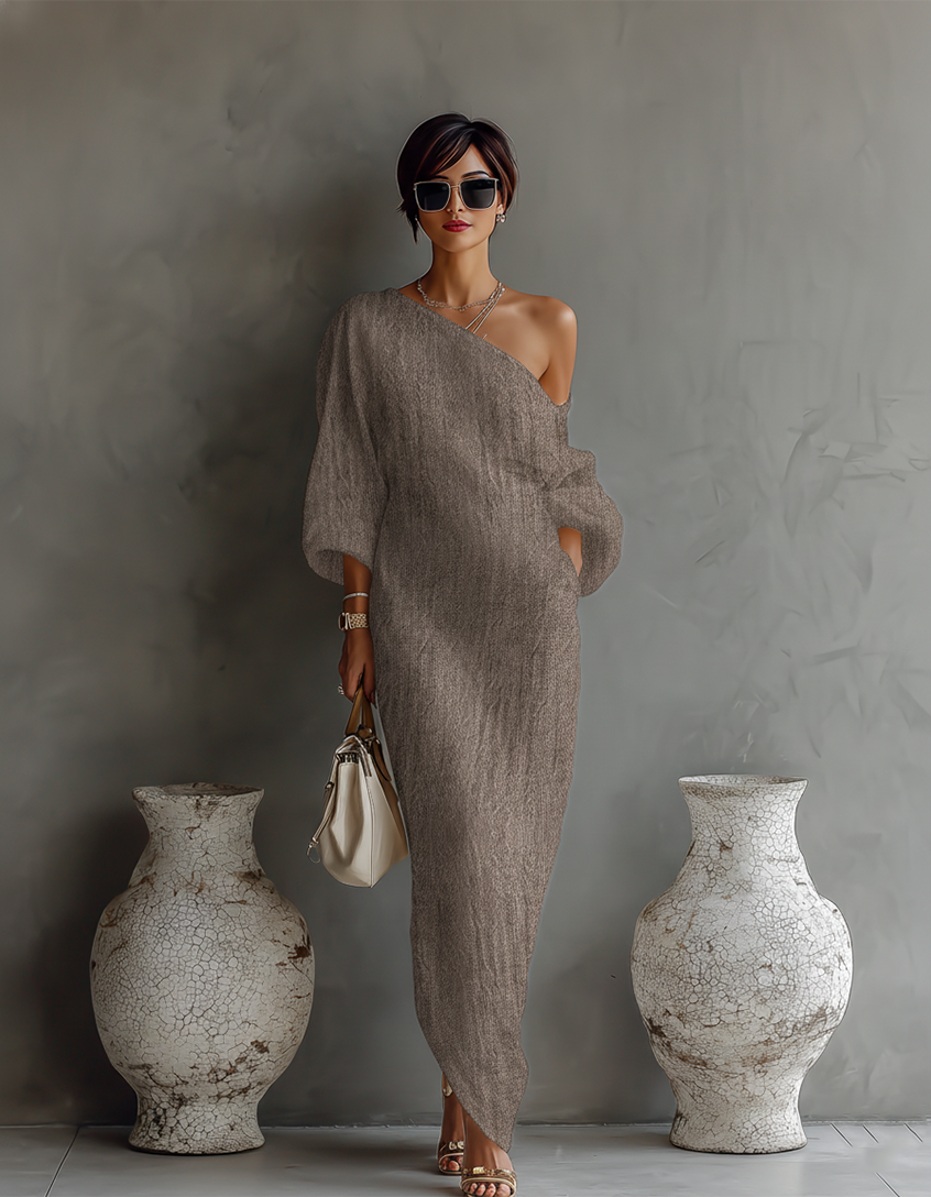 Ivory Off-Shoulder Flowing Dress — detail view
