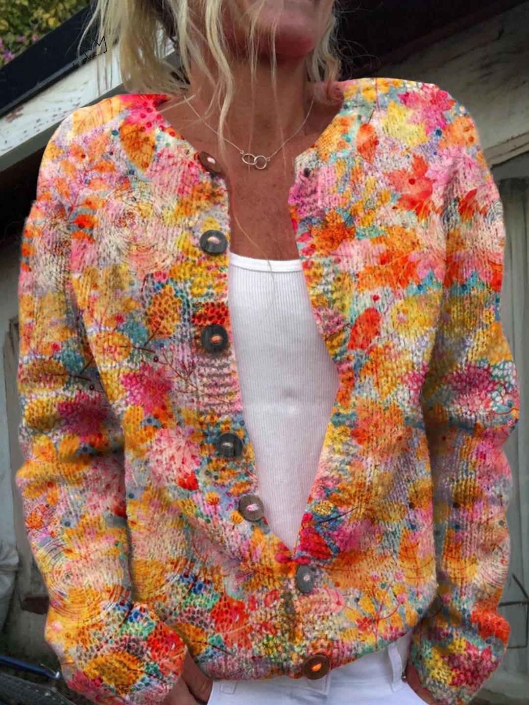 Floral Print Casual Cardigan — front view