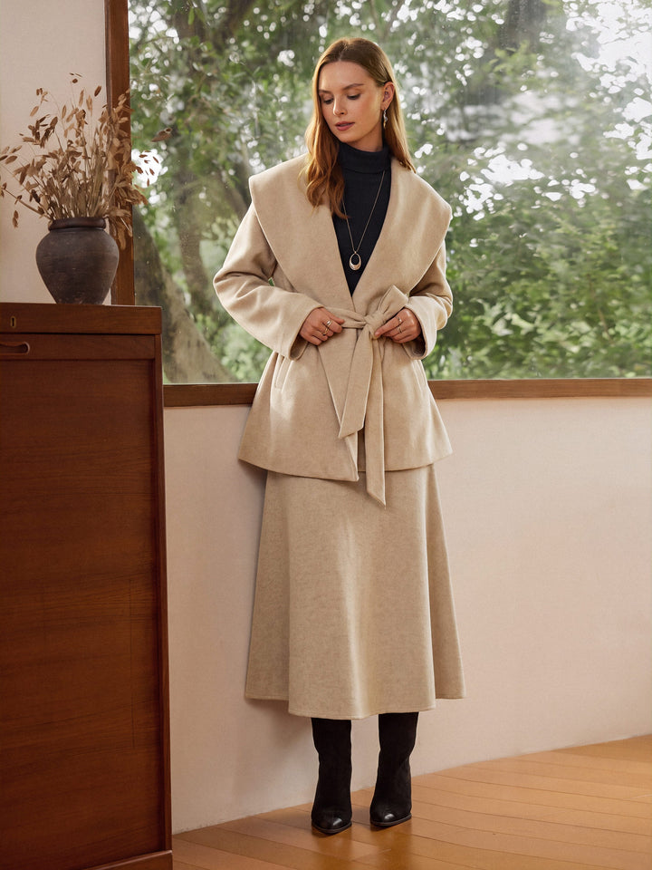 2Pcs Set Shawl Collar Belted Jacket & Mid-Rise Circle Midi Skirt