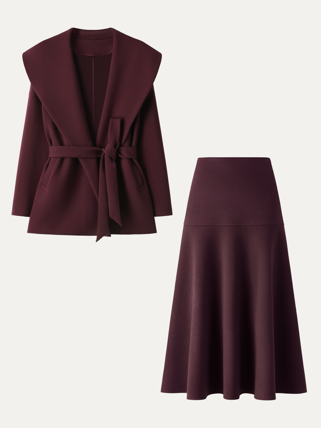 2Pcs Set Shawl Collar Belted Jacket & Mid-Rise Circle Midi Skirt