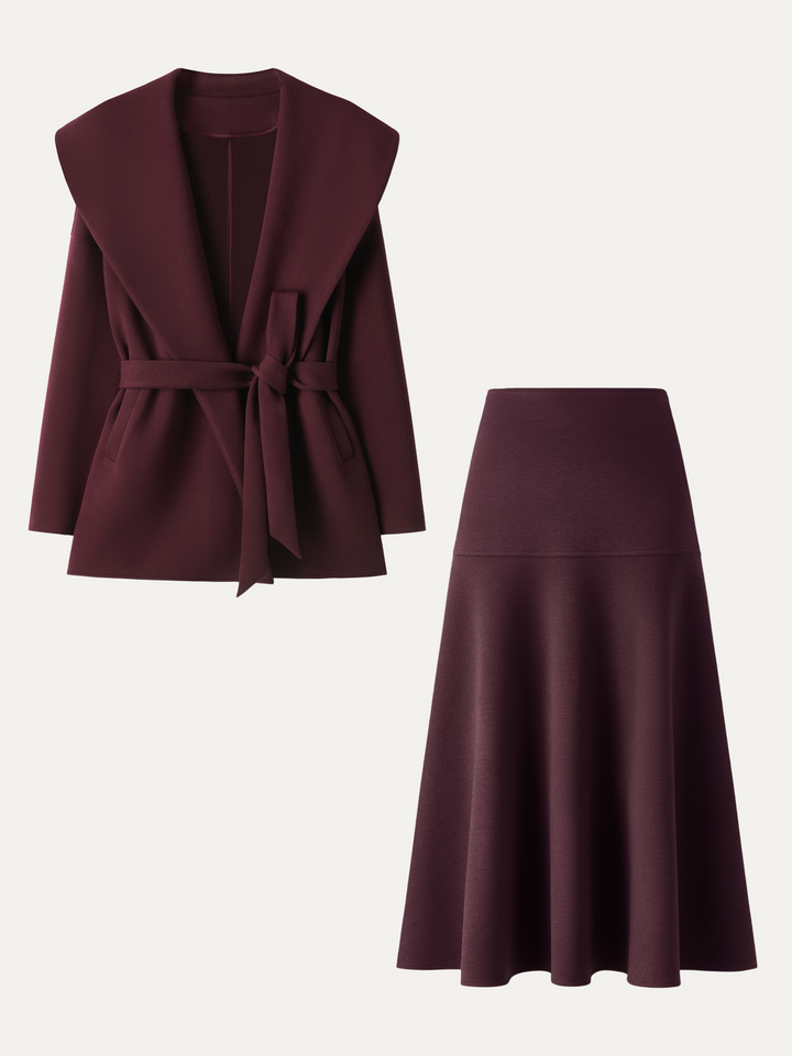 2Pcs Set Shawl Collar Belted Jacket & Mid-Rise Circle Midi Skirt