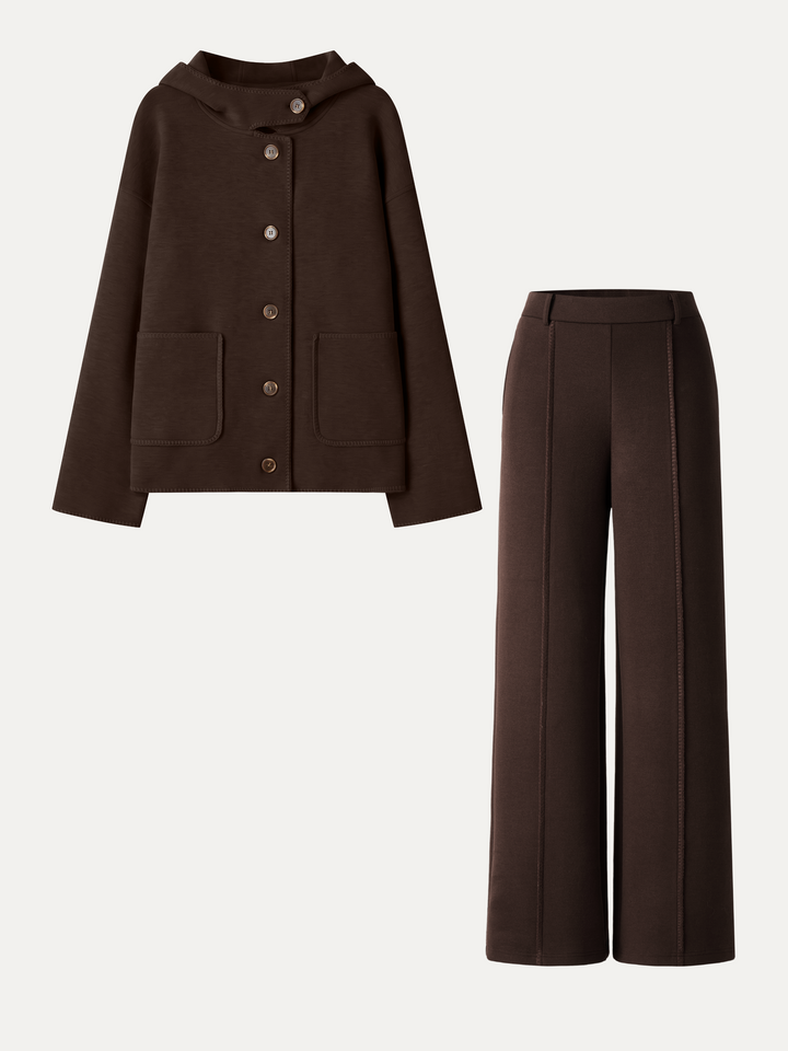 2Pcs Set Hooded Long Sleeve Jacket with Pockets & Mid-Rise Wide-Leg Pants with Pockets