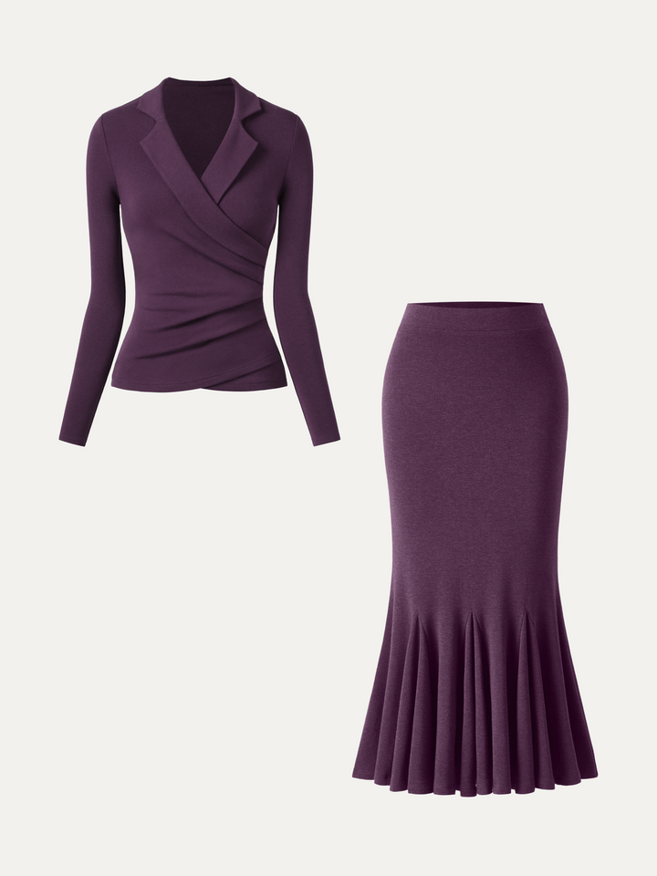 2Pcs Set ProWarm Collared Surplice Top & High-Rise Mermaid Midi Skirt