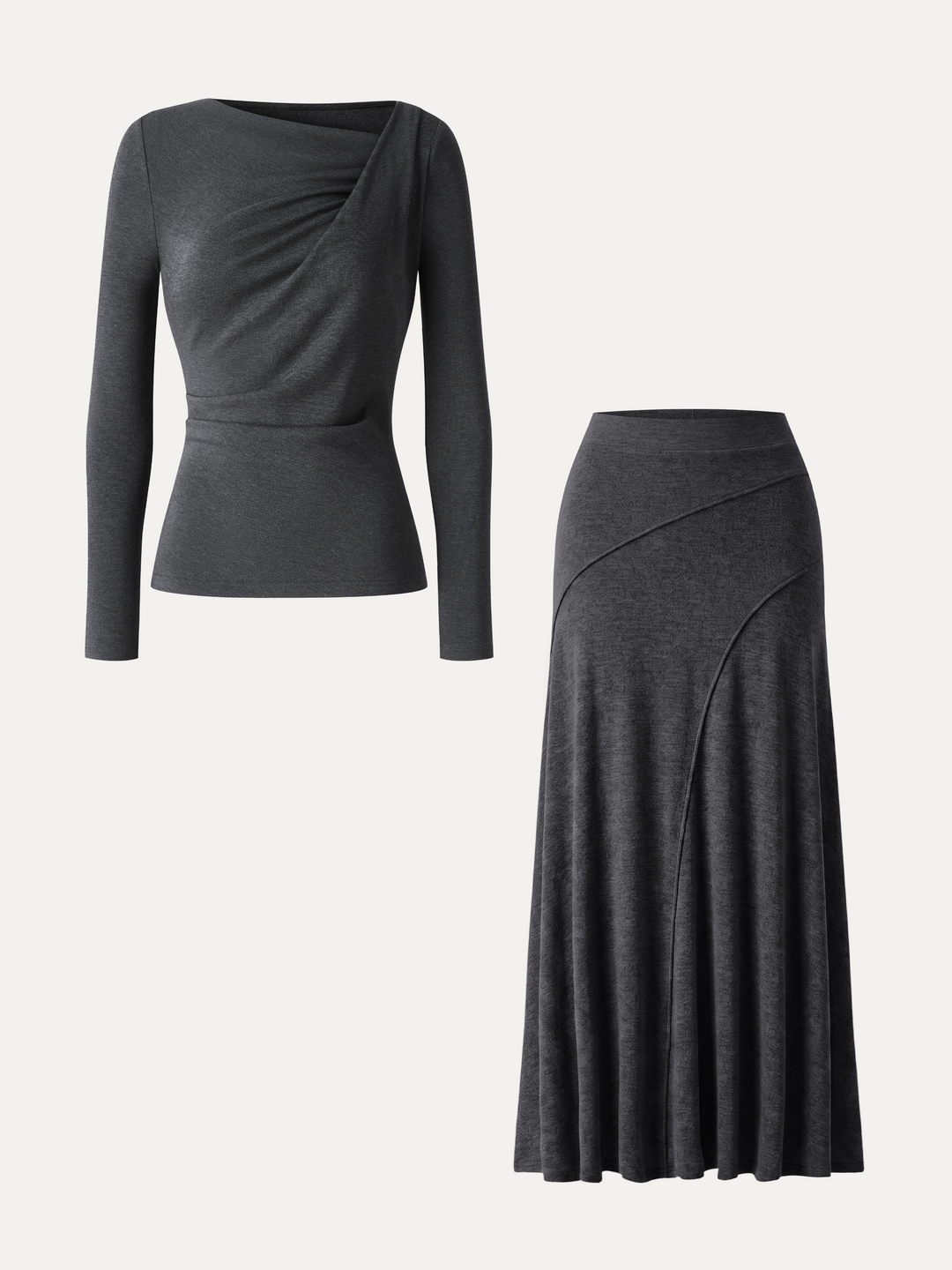 2Pcs Set LiteWarm Asymmetrical Neck Top & Drapey A-Line Midi Skirt
