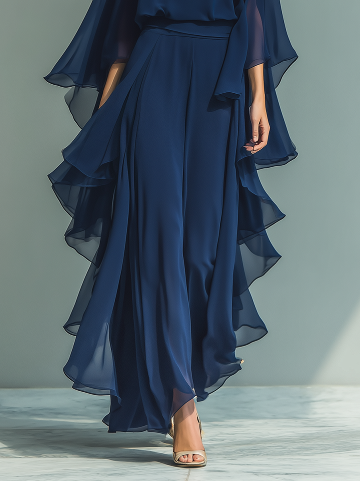 Navy Chiffon Flared Pants Set — detail view