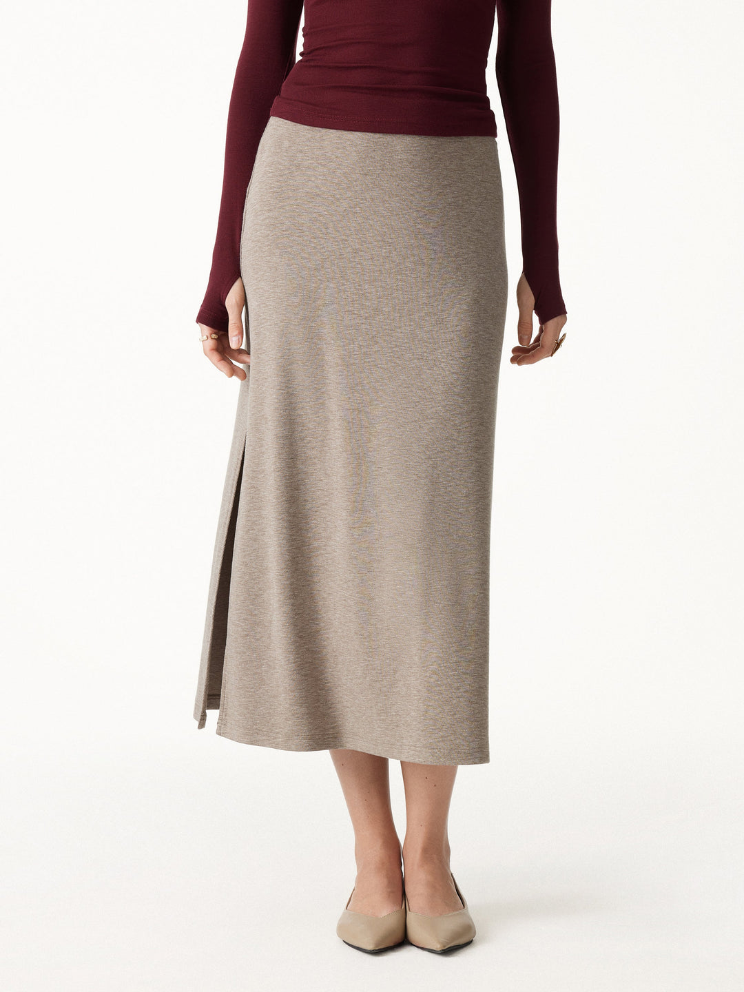 2Pcs Set LiteWarm Short Sleeve Tie-Side Top & Side-Slit A-Line Midi Skirt