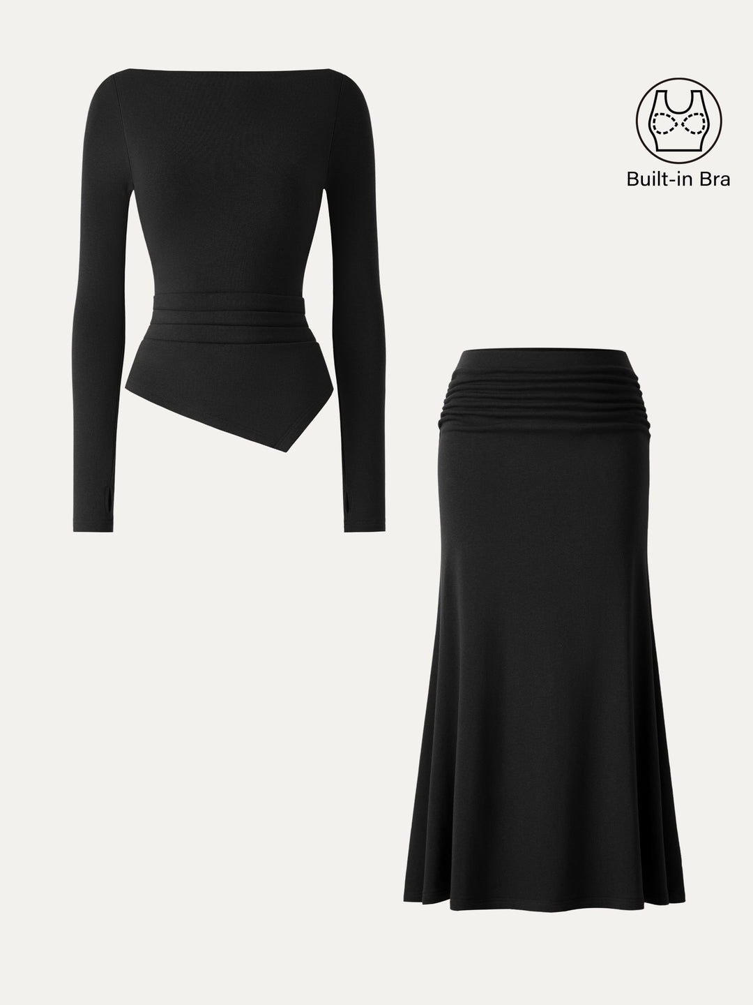 2Pcs Set Asymmetrical Built-In Bra Top 2.0 & Mid-Rise Ruched Flared Midi Skirt