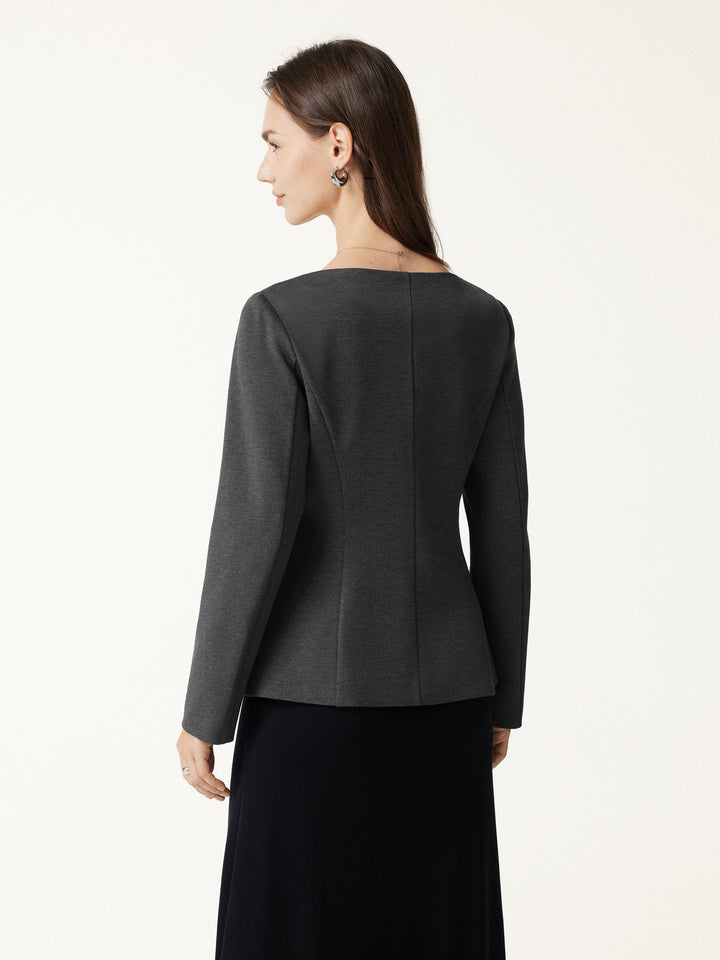 2Pcs Set Neck Long Sleeve Jacket with Pockets & Mid-Rise Wide-Leg Pants with Pockets