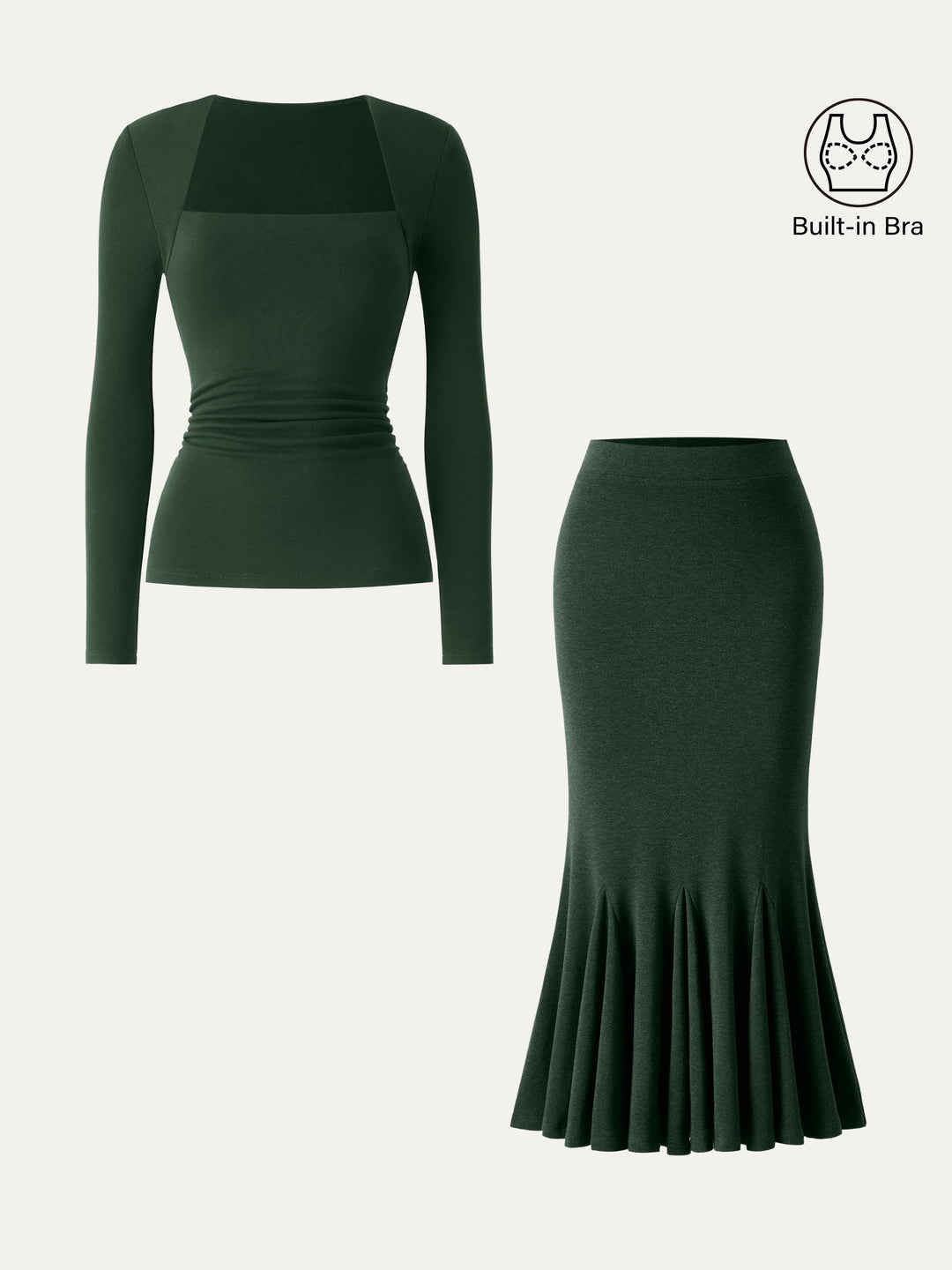 2Pcs Set ProWarm Trapeze Neck Ruched Built-In Bra Top 2.0 & High-Rise Mermaid Midi Skirt