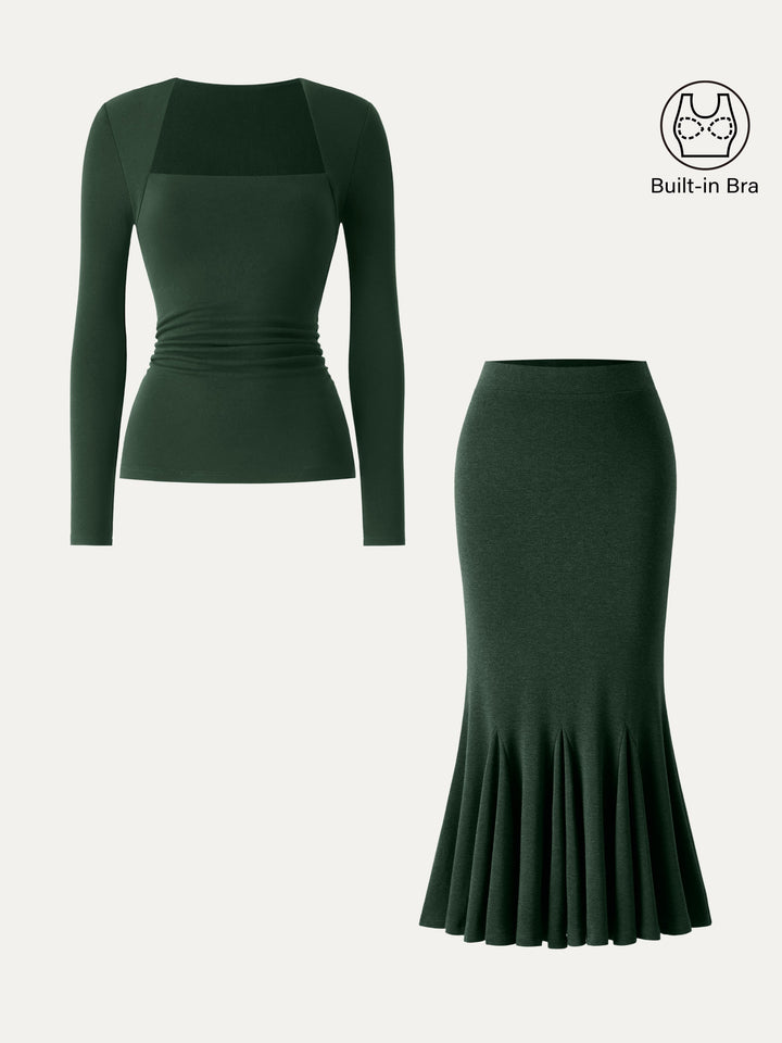 2Pcs Set ProWarm Trapeze Neck Ruched Built-In Bra Top 2.0 & High-Rise Mermaid Midi Skirt