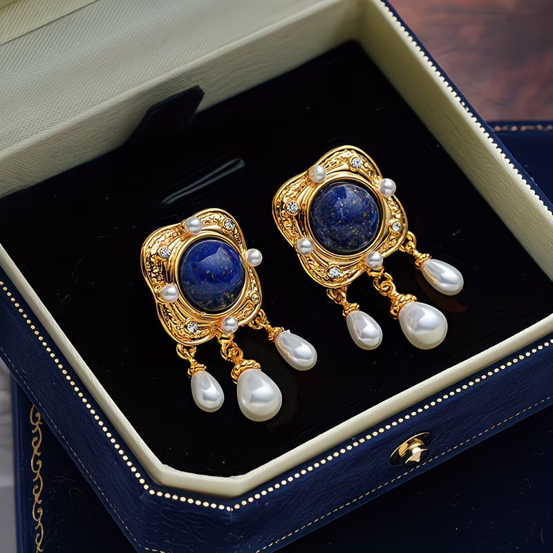 Close-up of the tiered royal blue pearl beads