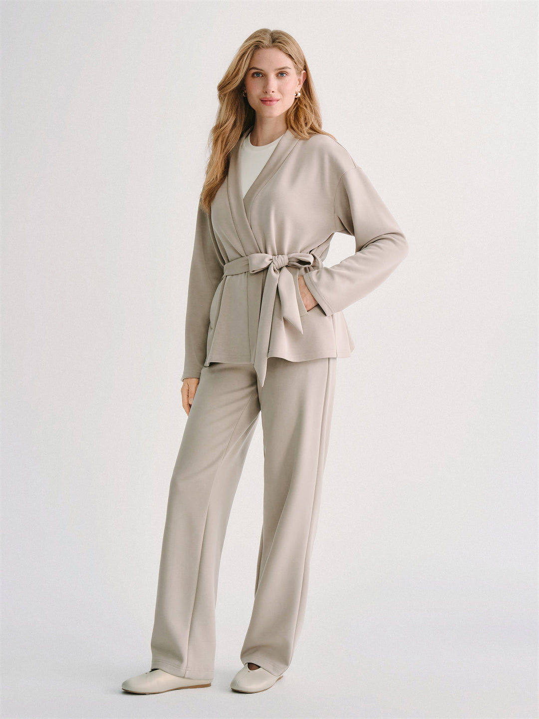 2Pcs Set MaxWarm Belted Wrap Cardigan Coat with Poclets & High-Rise Straight-Leg Pants with Pockets — women's women > bundles&sets > bundles, front view