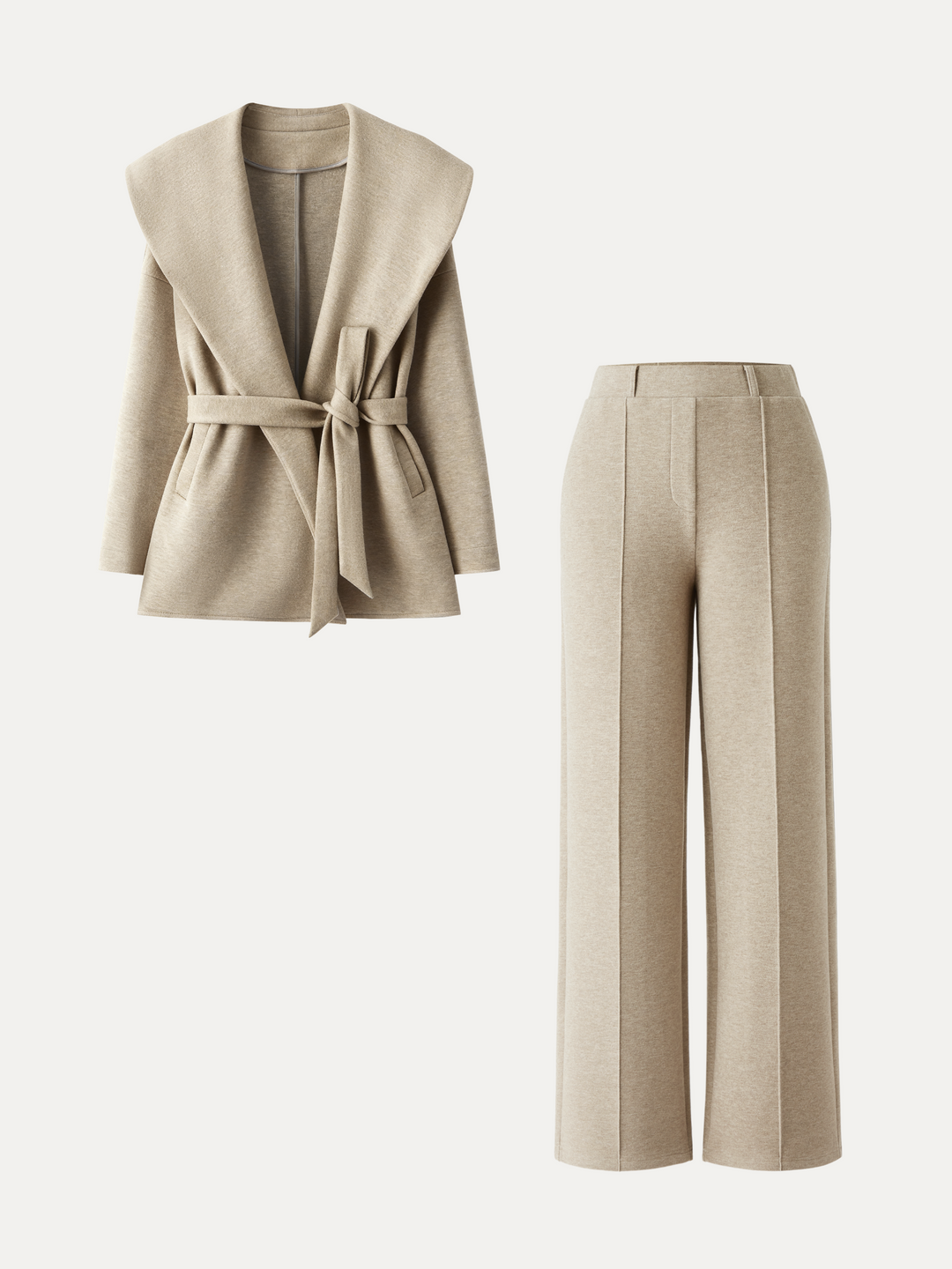 2Pcs Set Shawl Collar Belted Jacket & High Waisted Straigh Leg Pull On Pant