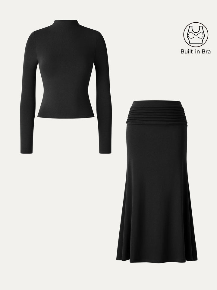 2Pcs Set ProWarm Mock Neck Built-In Bra Top 3.0 & Mid-Rise Ruched Flared Midi Skirt