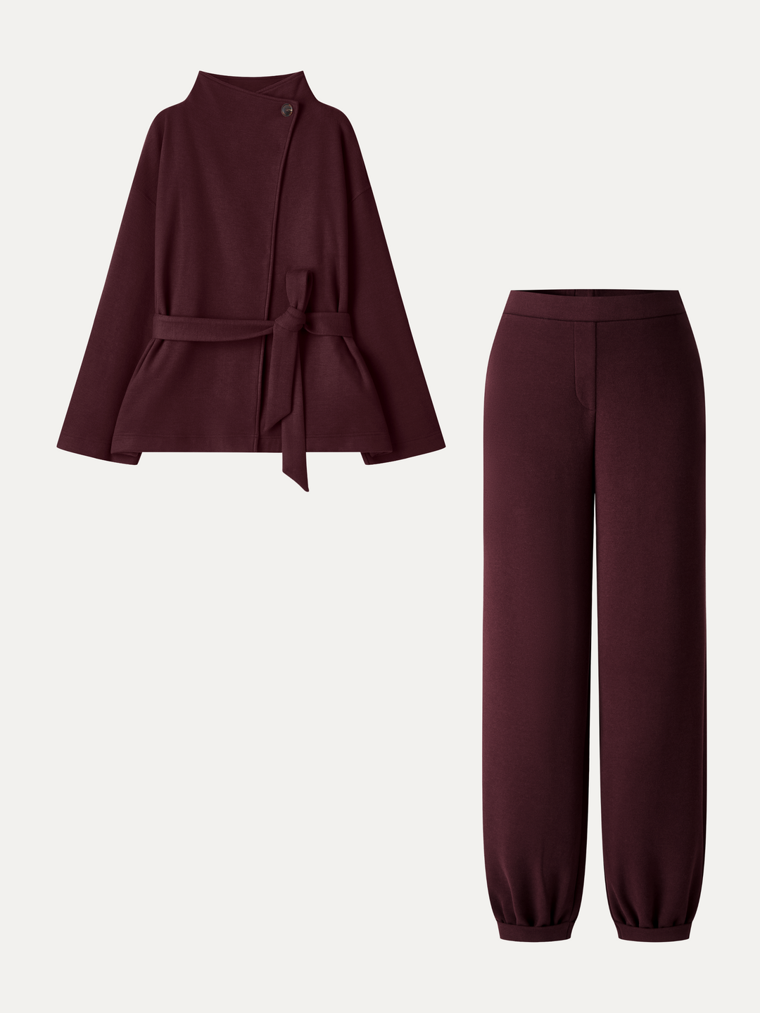 2Pcs Set Waterfall Lapel Belted Jacket with Pockets & Mid-Rise Balloon Pants with Pockets