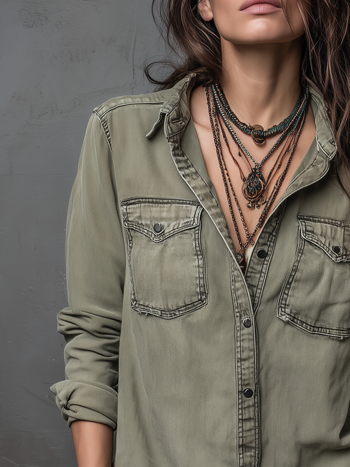 Vintage Pockets Long Sleeve Washed Blouse