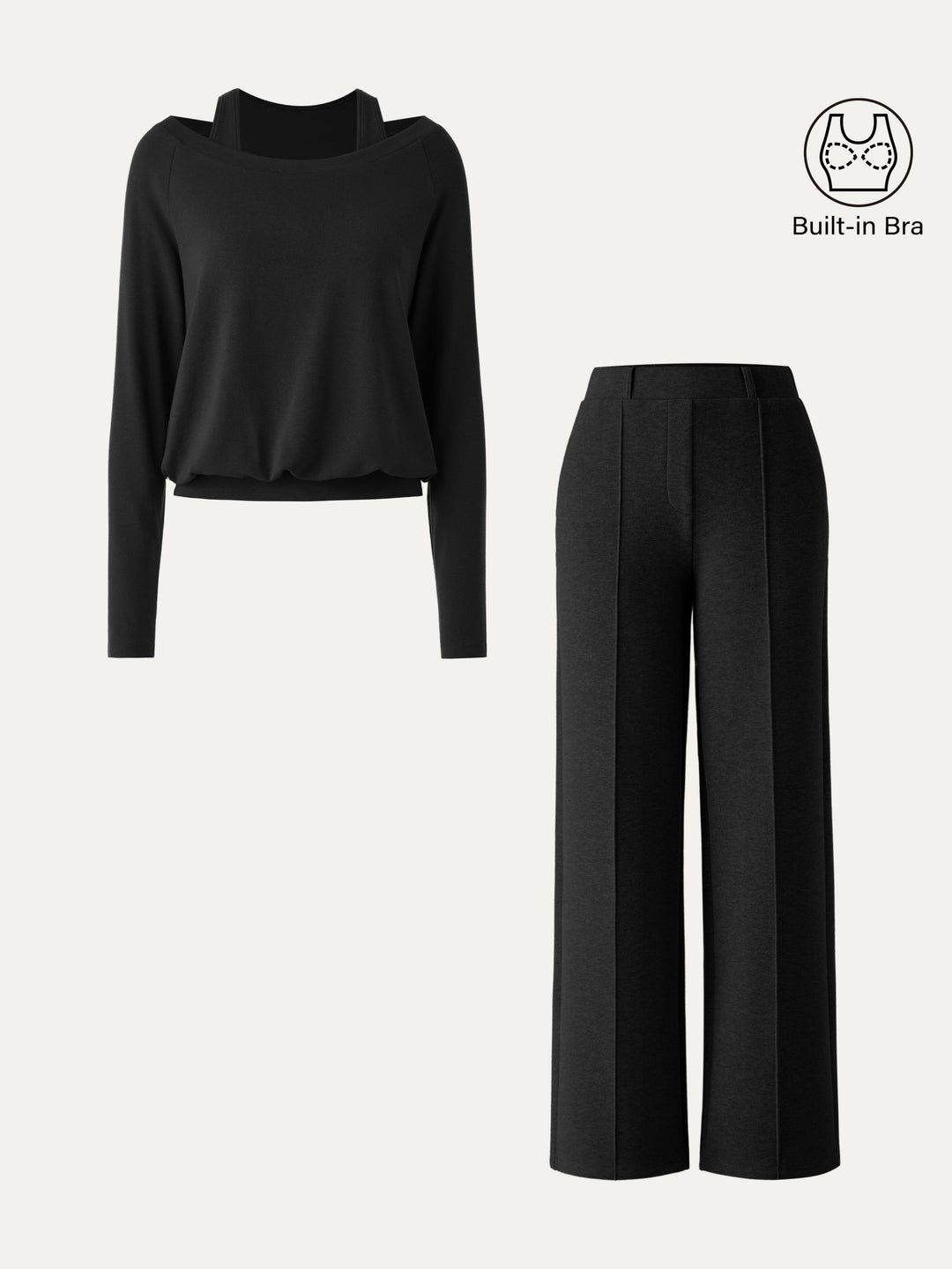 2Pcs Set LiteWarm Multi-Wear Layering Built-In Bra Top 2.0 & High Waisted Straight Leg Pull On Pant