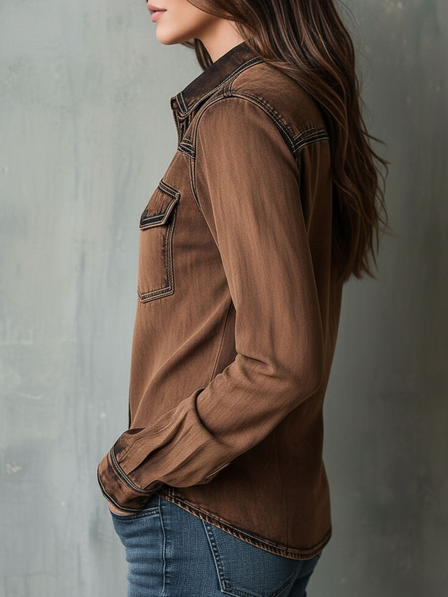 Vintage Brown Washed Contrast Stitching Utility Zip Shirt Jacket | Harry & Kate London