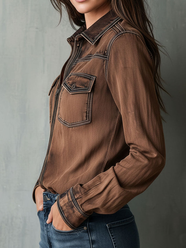Vintage Brown Washed Contrast Stitching Utility Zip Shirt Jacket | Harry & Kate London