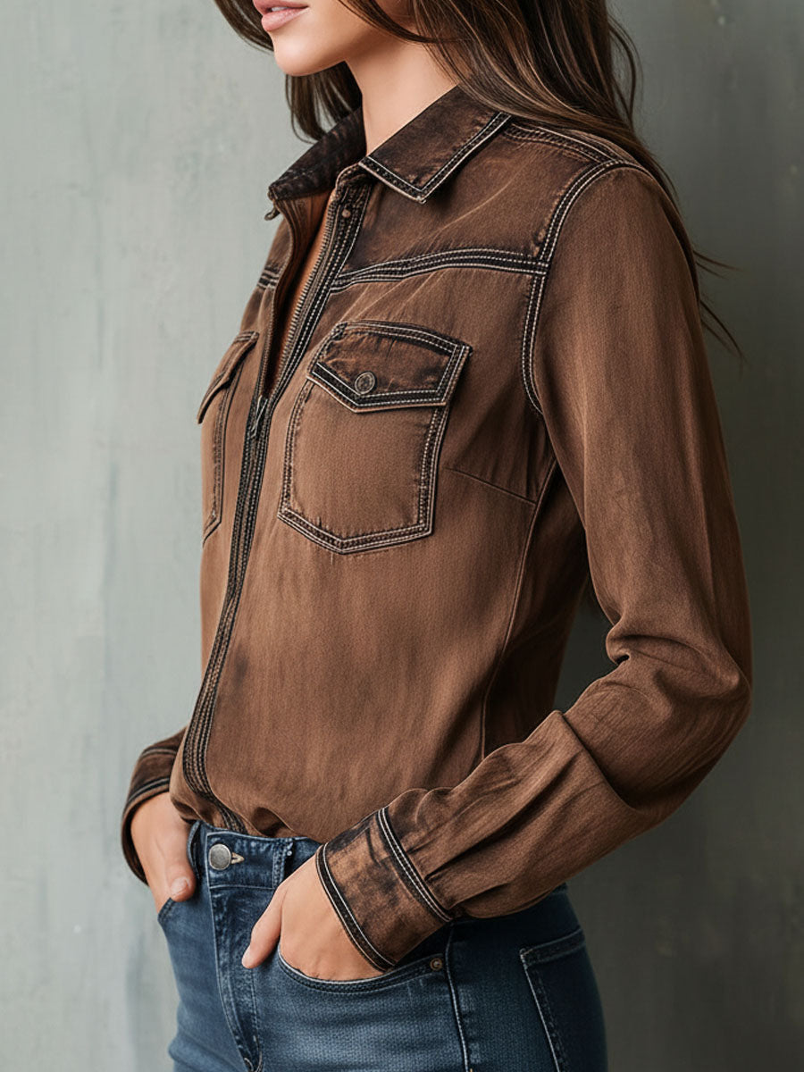 Vintage Brown Washed Contrast Stitching Utility Zip Shirt Jacket | Harry & Kate London