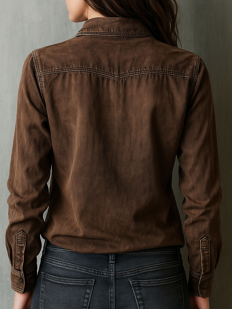 Vintage Brown Washed Contrast Stitching Utility Zip Shirt Jacket | Harry & Kate London