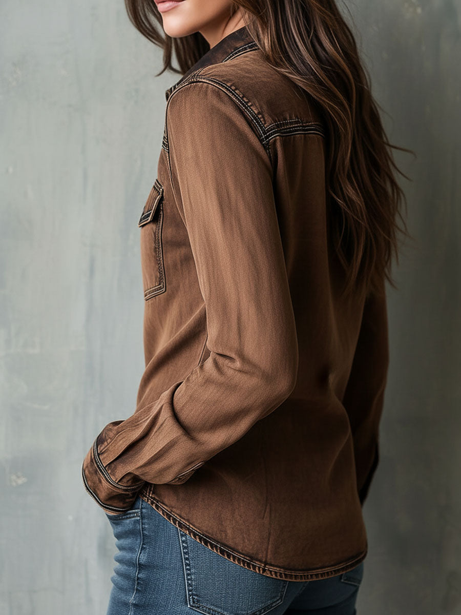 Vintage Brown Washed Contrast Stitching Utility Zip Shirt Jacket | Harry & Kate London