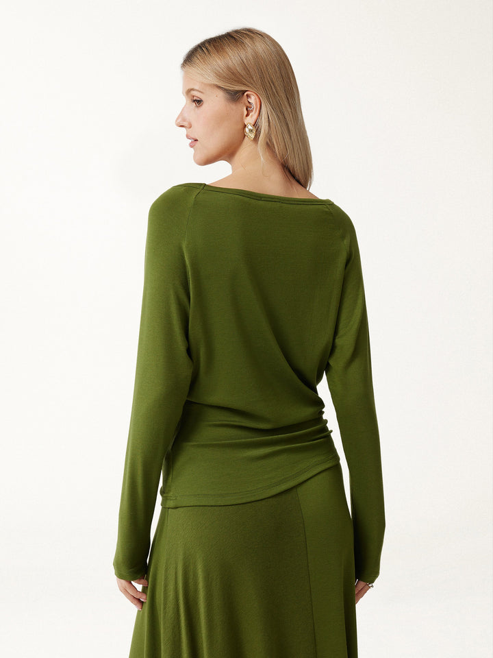 2Pcs Set LiteWarm Boatneck Off-Shoulder Ruched Top & Lyocell-Cashmere Blend Mid-Rise Umbrella Maxi Skirt