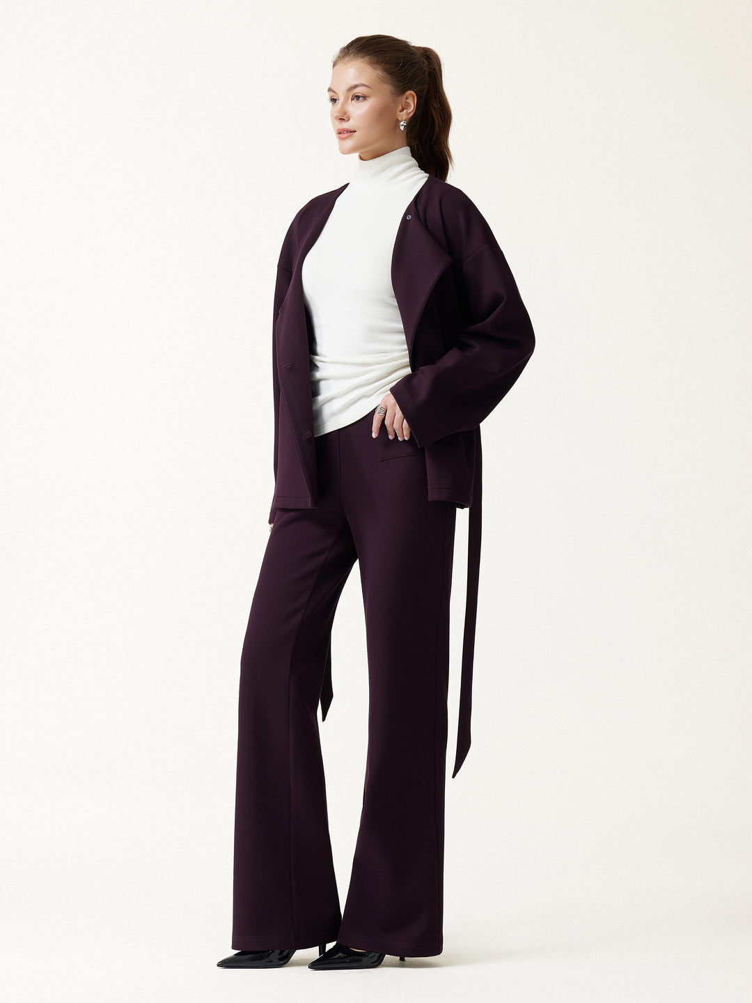 2Pcs Set Round Neck Long Sleeve Belted Jacket with Pockets & Mid-Rise Flared Pants with Pockets